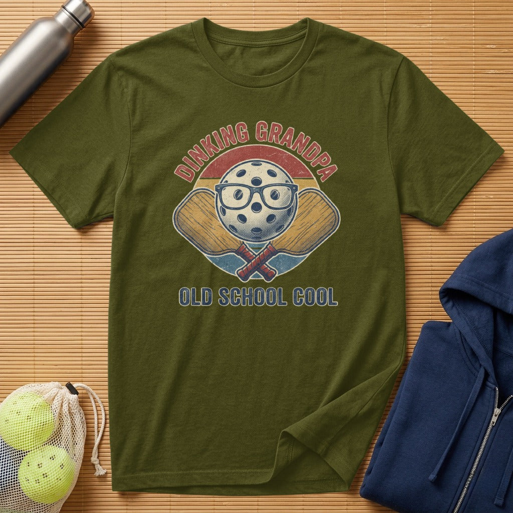 Olive green t-shirt with "pickleball grandpa old school cool" text and graphic.