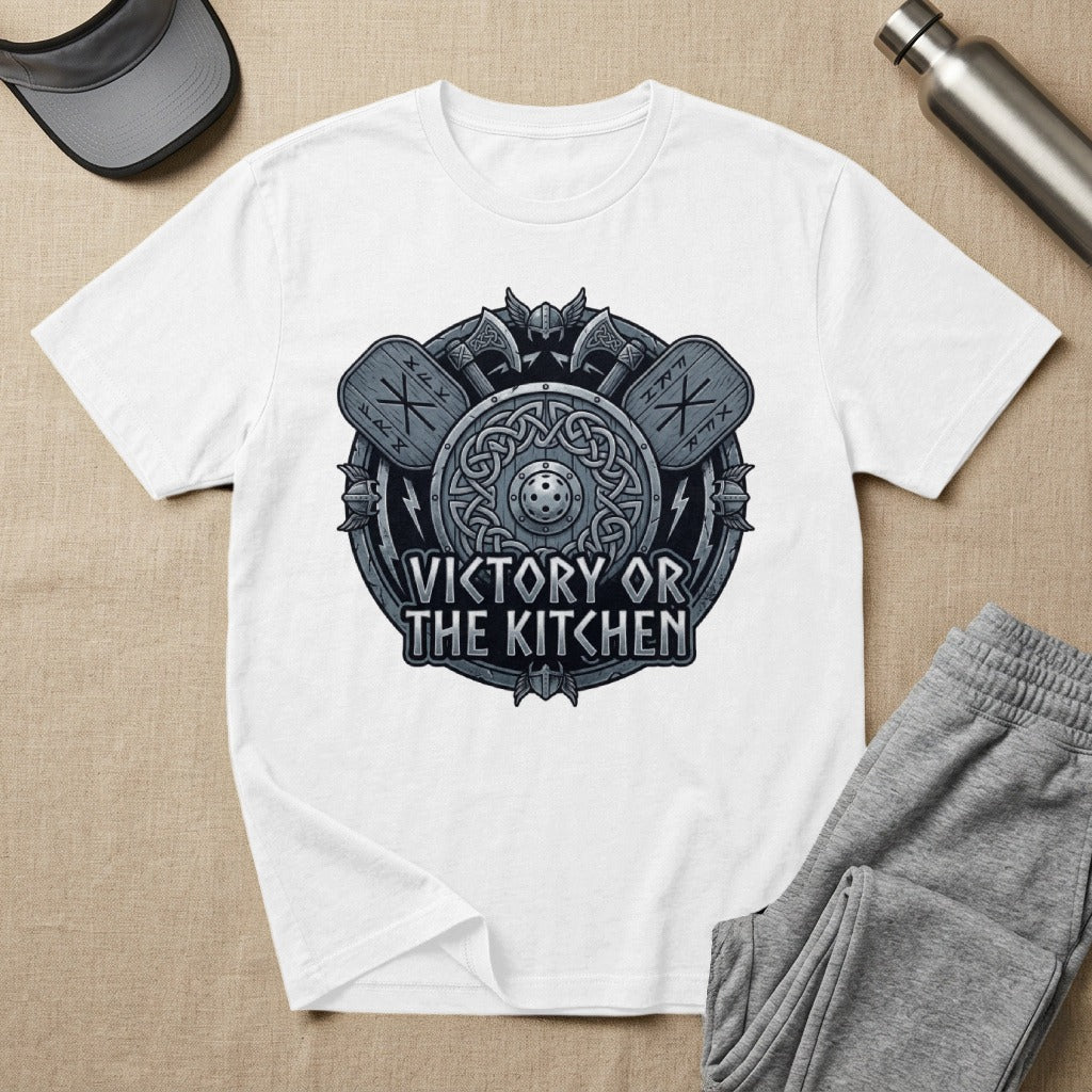 White t-shirt with "Victory or The Kitchen" shield and axe graphic.