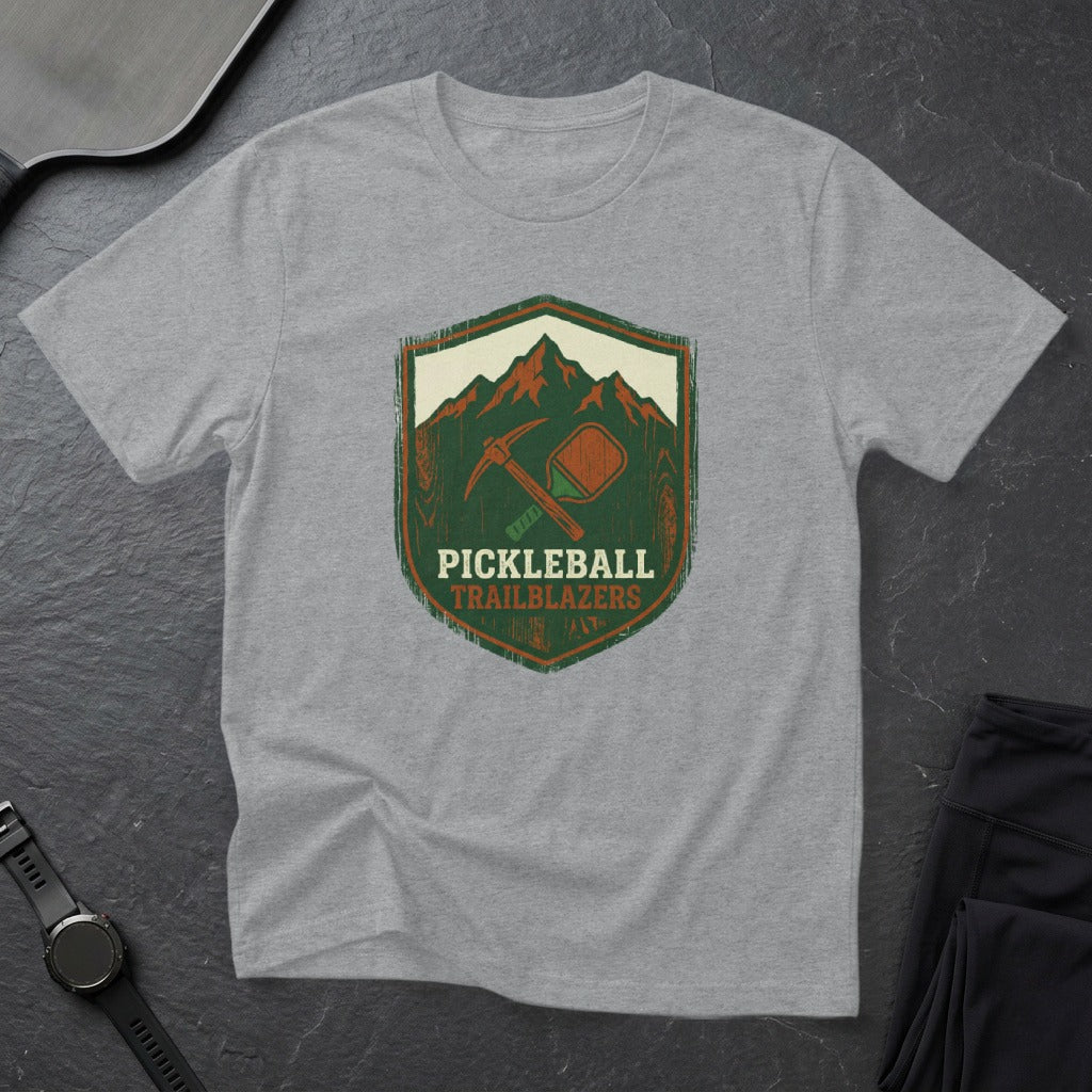 Grey t-shirt featuring a shield logo with "Pickleball Trailblazers" text.