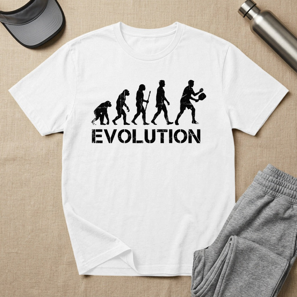 White t-shirt with black "Evolution" graphic showing human evolution to a tennis player.