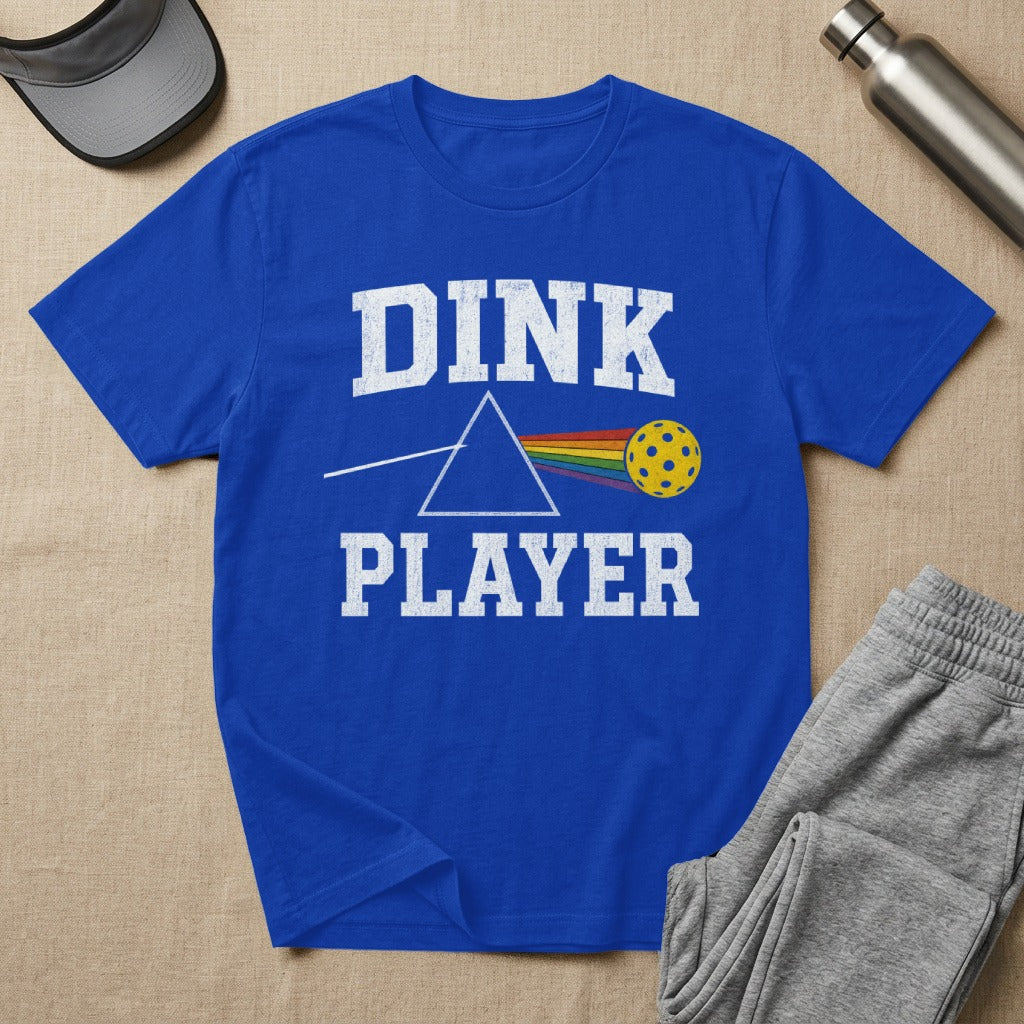 Blue t-shirt with "DINK PLAYER" and a rainbow pickleball over a prism.