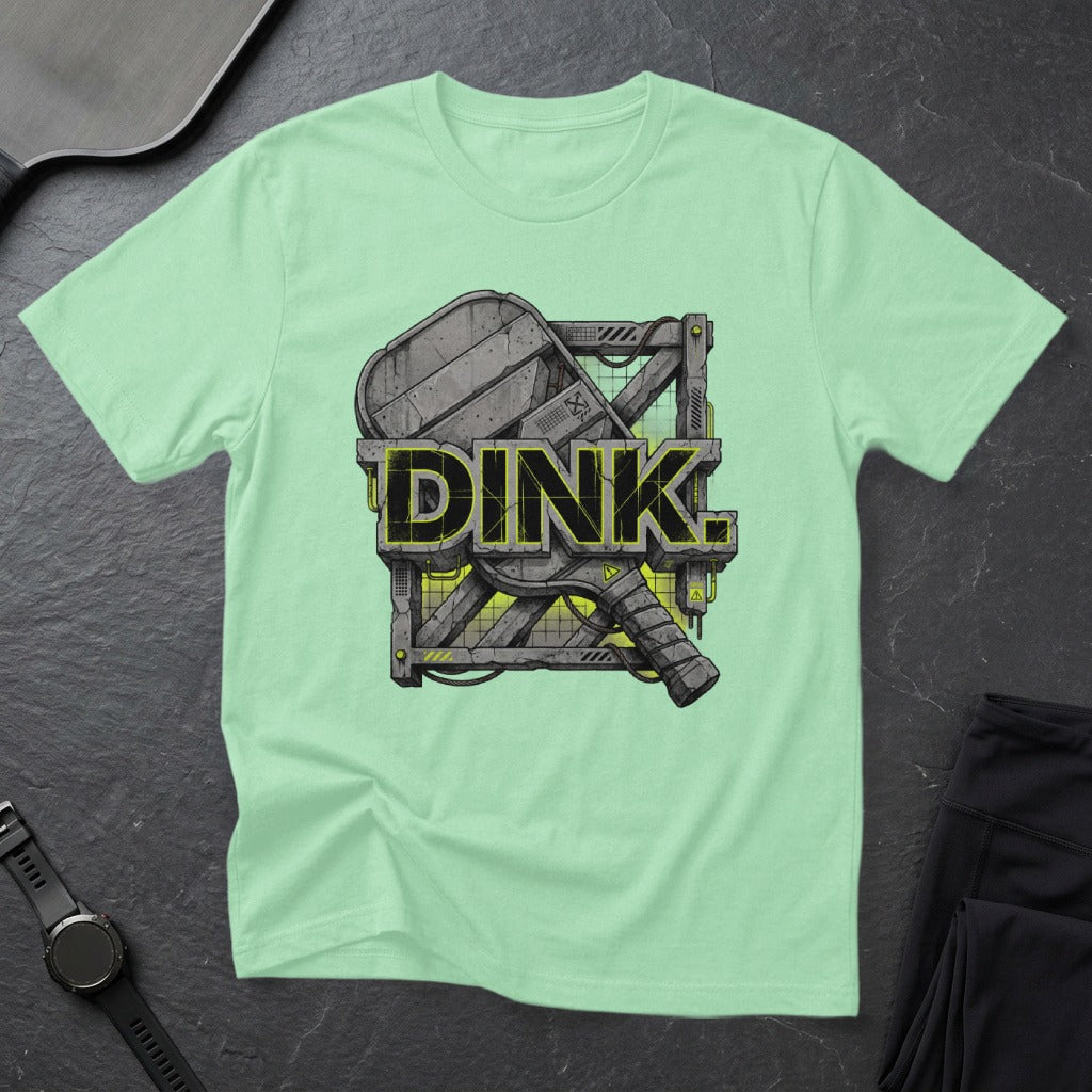 Pale green t-shirt with "DINK" graphic featuring pickleball paddle and court elements.