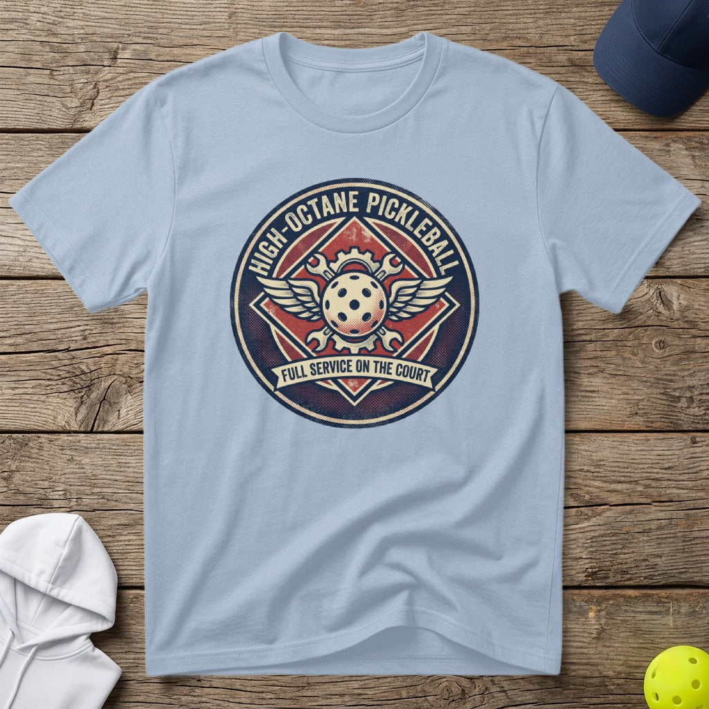 Light blue t-shirt with "High-Octane Pickleball" logo featuring wings and a pickleball.