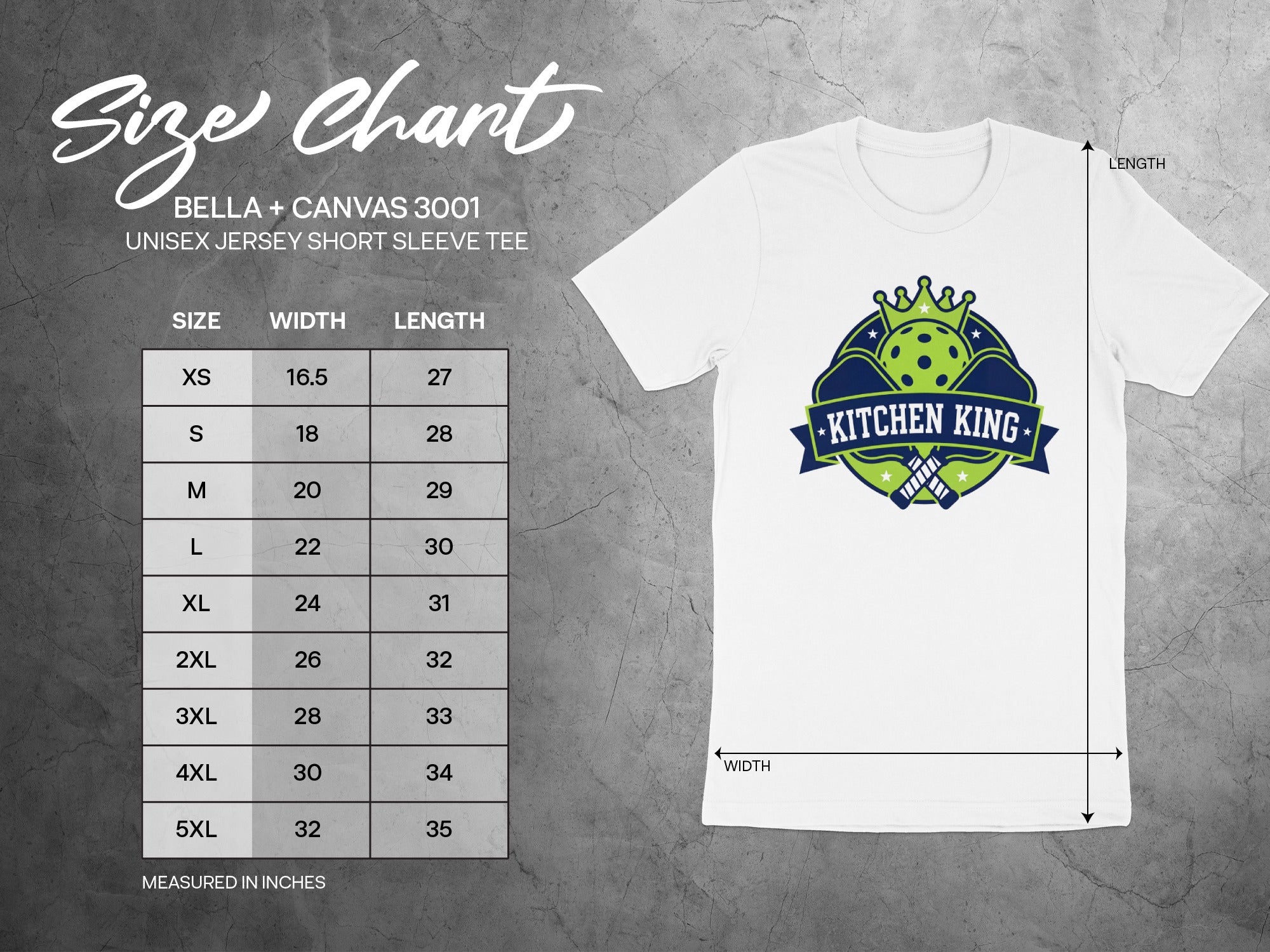 Size chart for Bella + Canvas 3001 unisex tee with "Kitchen King" logo.