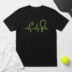 Black t-shirt with a pickleball heartbeat graphic and a pickleball paddle.