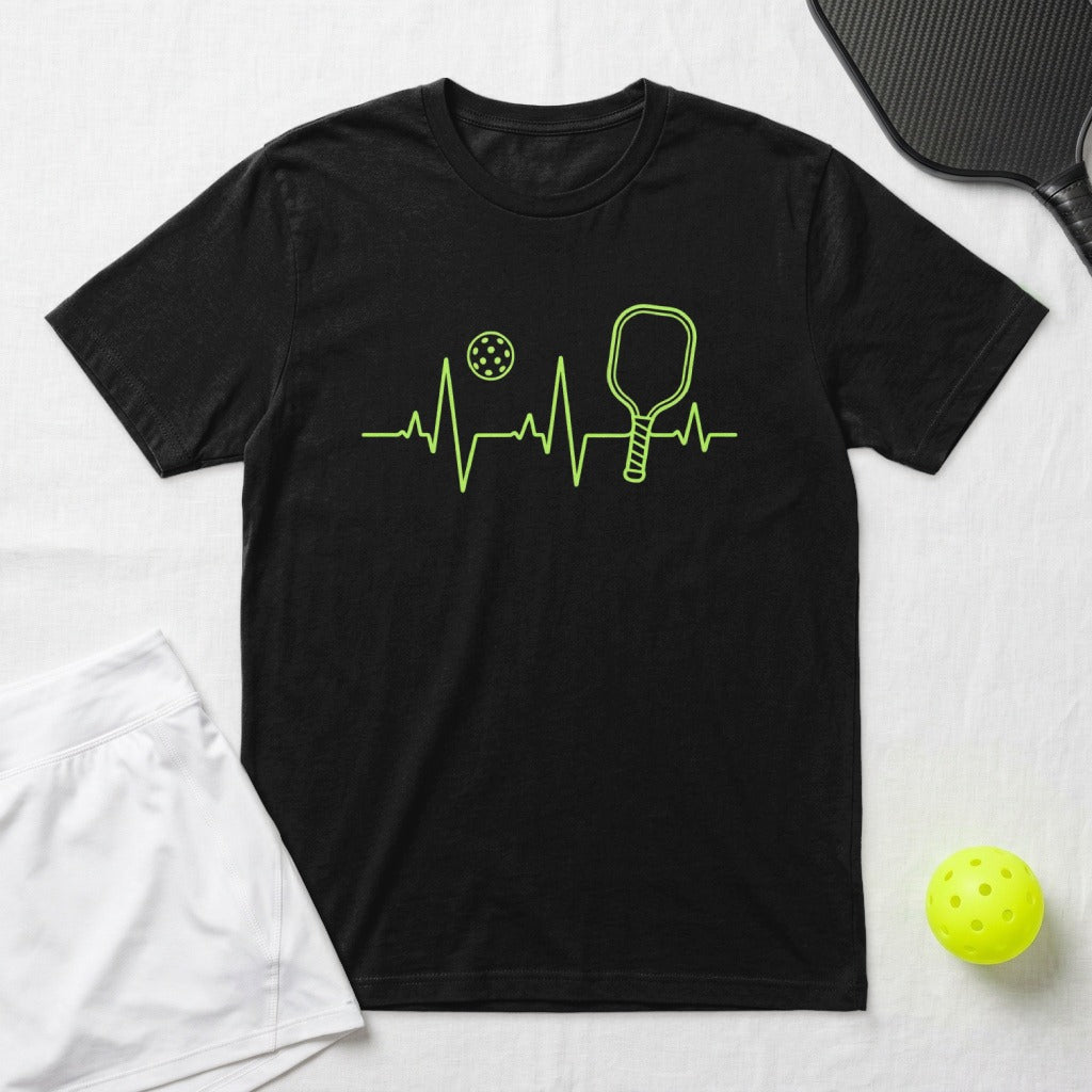 Black t-shirt with a pickleball heartbeat graphic and a pickleball paddle.