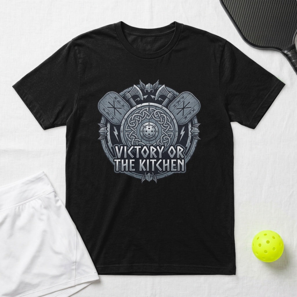 Black t-shirt with "Viktory or The Kitchen" graphic featuring shields and axes.