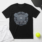 Black t-shirt with "Viktory or The Kitchen" graphic featuring shields and axes.