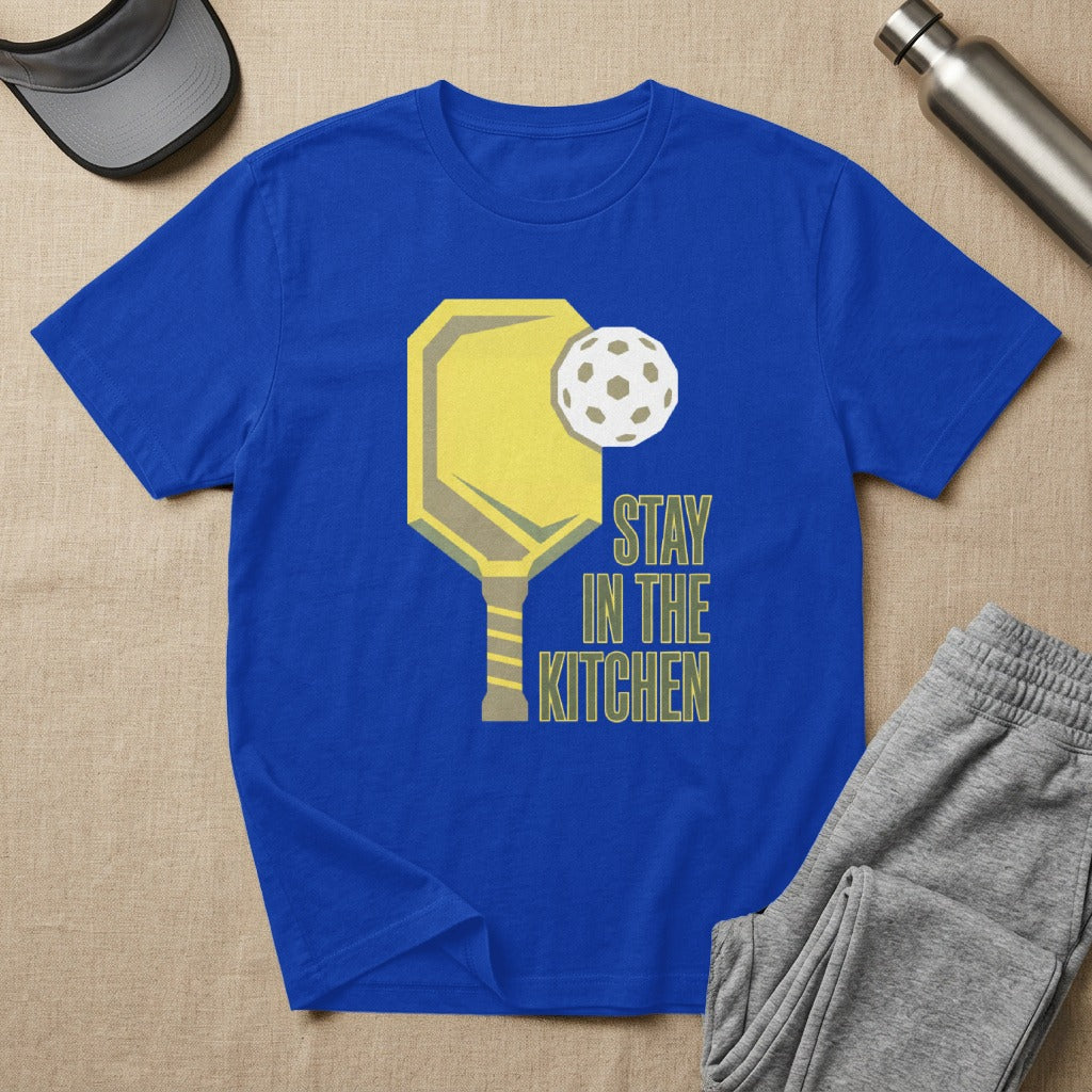 Blue t-shirt with yellow pickleball paddle, ball, and "Stay In The Kitchen" text.
