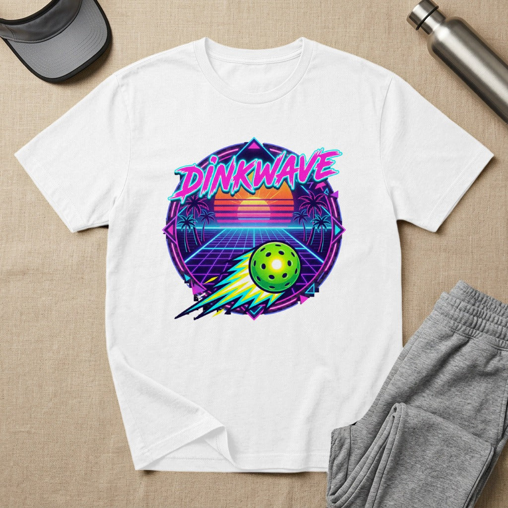 Retro neon graphic t-shirt with "PINKWAVE" and pickleball design.