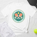 White t-shirt with "Great Minds Dink Alike" pickleball graphic.