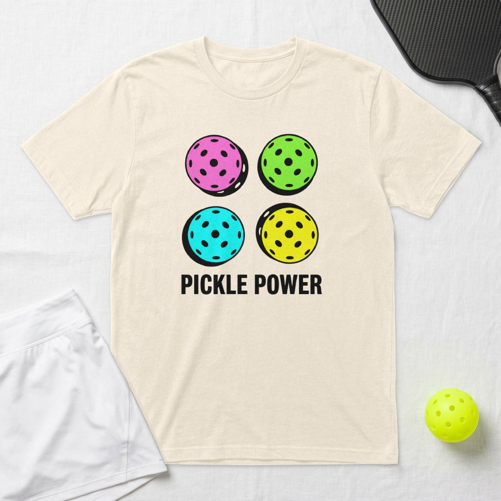 Cream t-shirt with four colorful pickleballs and "PICKLE POWER" text.