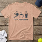 Peach t-shirt with "Serve. Sip. Repeat." text and pickleball, coffee, and beer icons.