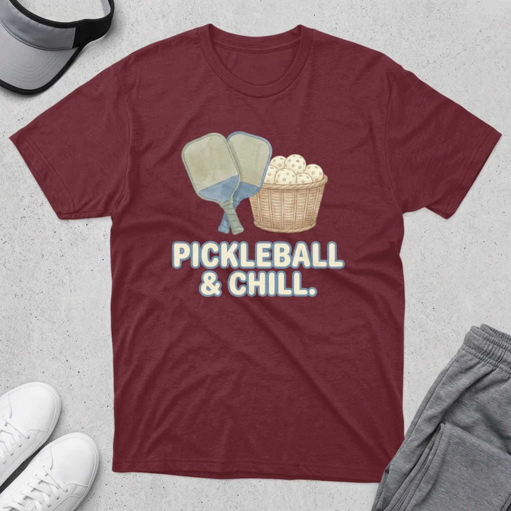 Maroon t-shirt with "Pickleball & Chill" text and pickleball paddle and balls.