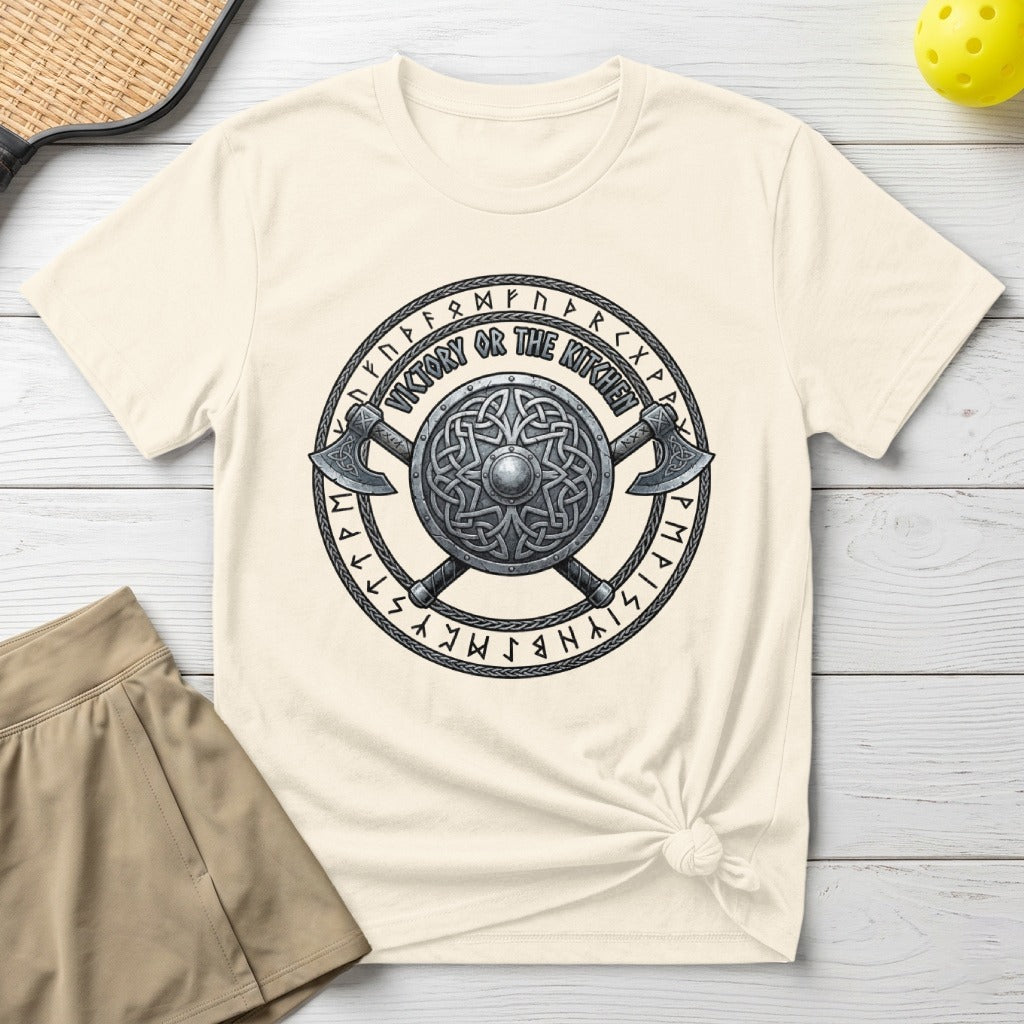 T-shirt featuring a Viking shield and axes with "Victory or the Kitchen" text.