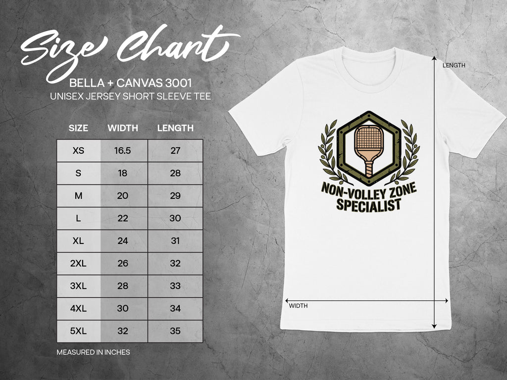 Bella + Canvas 3001 size chart for unisex short sleeve tee with "Non-Volley Zone Specialist" graphic.