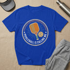 Royal blue t-shirt with pickleball graphic and "Pickleball is calling me" text.