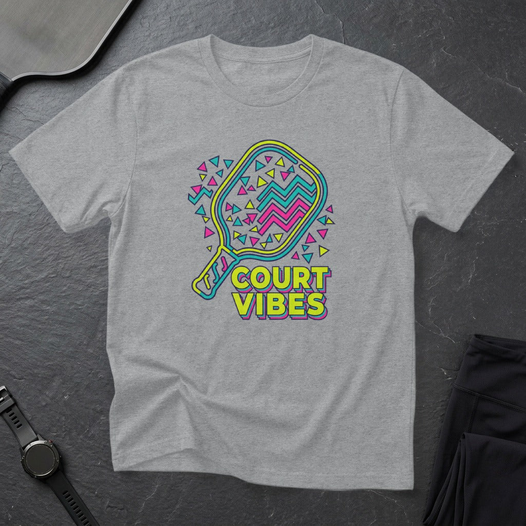Grey t-shirt with a pickleball paddle and "COURT VIBES" text.