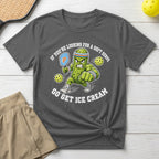 Cartoon pickle in pickleball gear running with text "Go get ice cream."