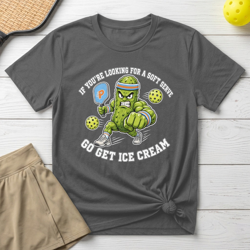 Cartoon pickle in pickleball gear running with text "Go get ice cream."