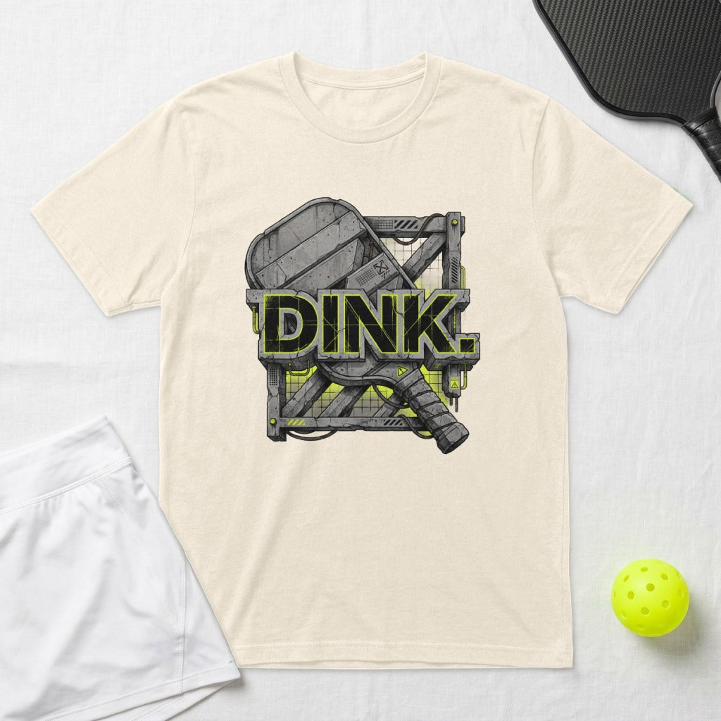 Cream t-shirt with "DINK" text art and pickleball paddle and ball.