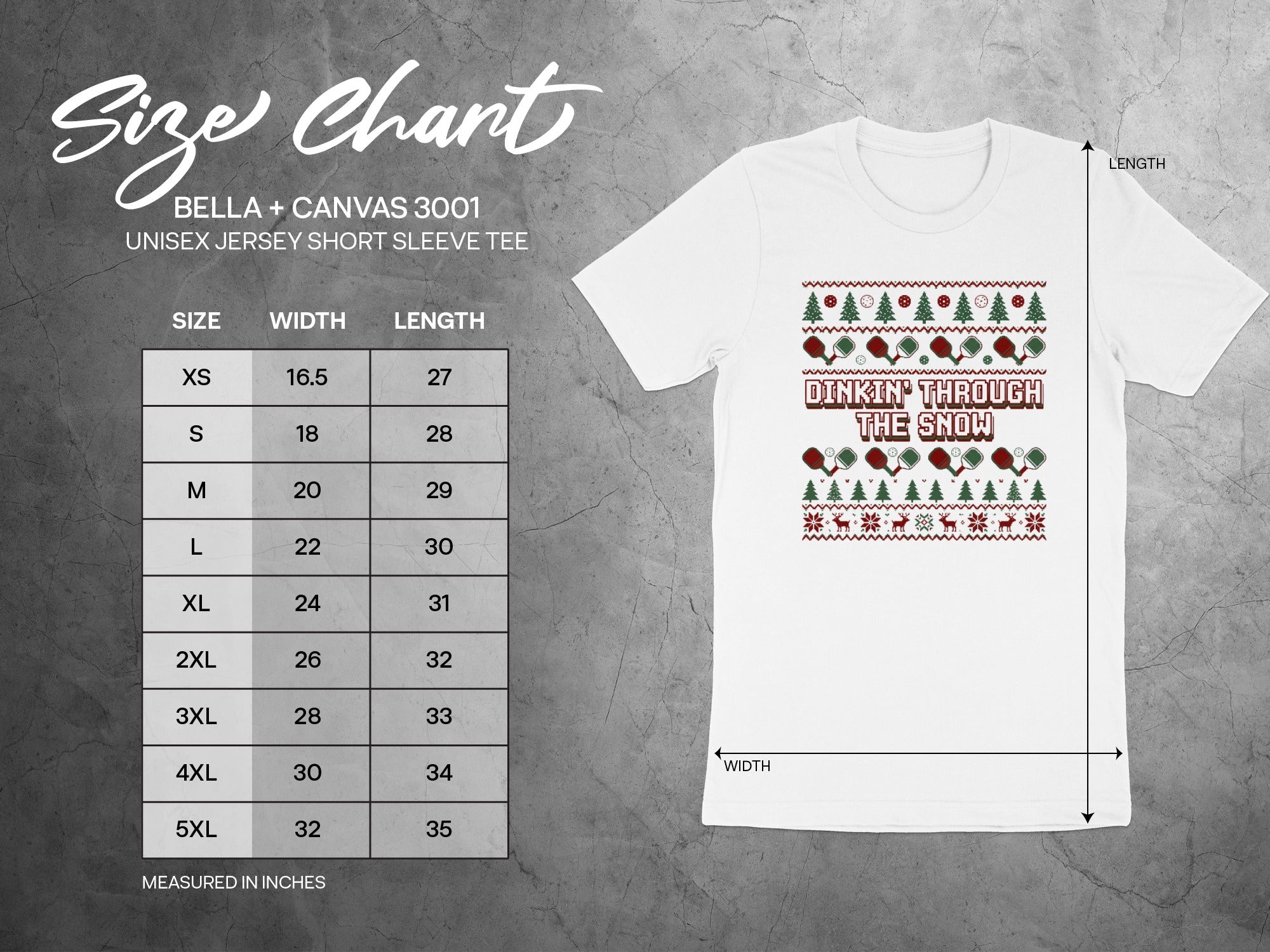 Bella + Canvas 3001 unisex t-shirt size chart with width and length measurements.