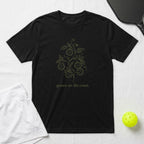 Black t-shirt with a line drawing of a plant and text "grown on the court."