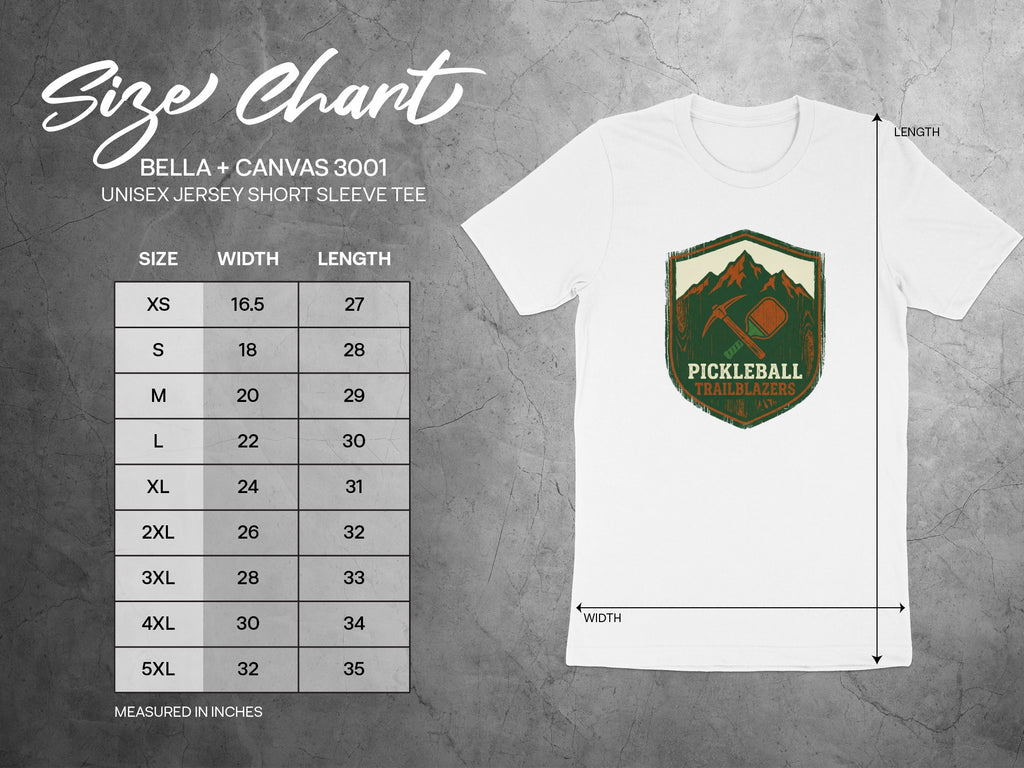 Size chart for Bella + Canvas 3001 unisex short sleeve tee.
