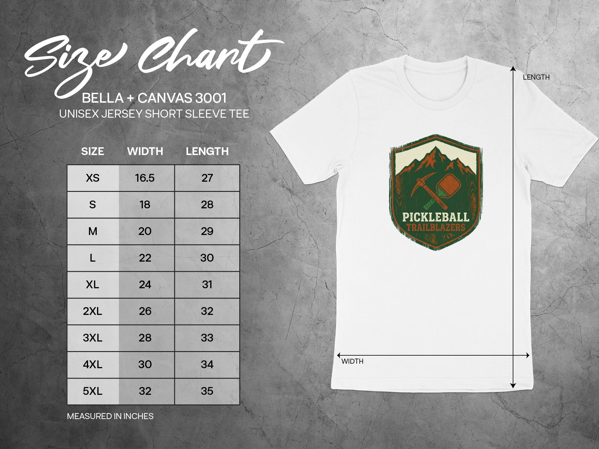 Size chart for Bella + Canvas 3001 unisex short sleeve tee.