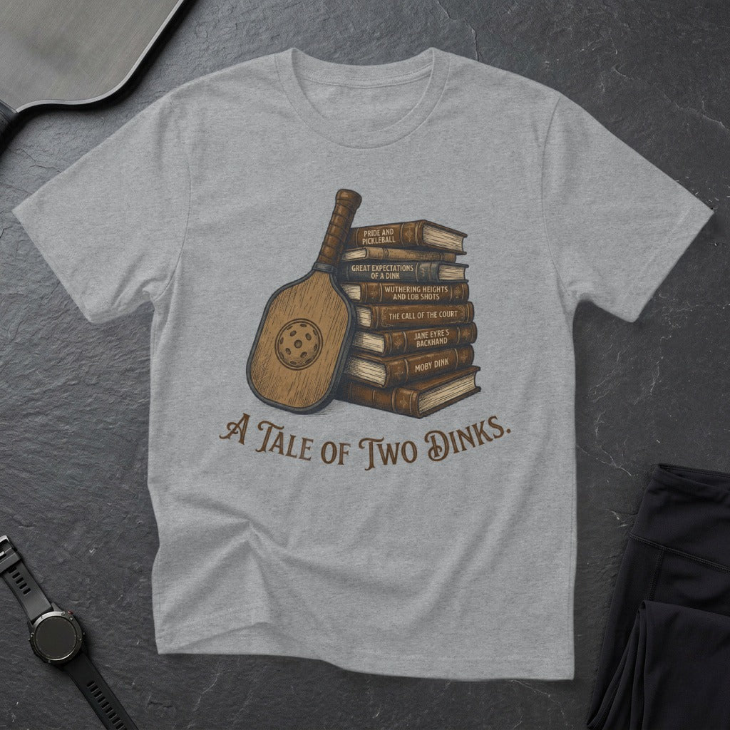T-shirt with stacked books and pickleball paddle, reading "A Tale of Two Dinks."