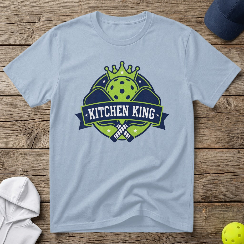 Light blue t-shirt with "Kitchen King" text and pickleball graphic.