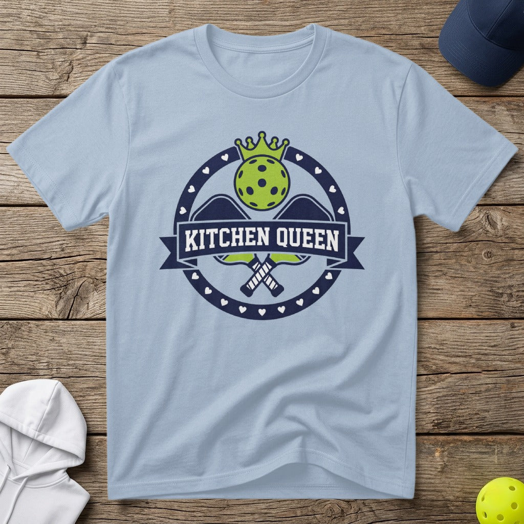 Light blue t-shirt with "KITCHEN QUEEN" graphic and pickleball imagery.