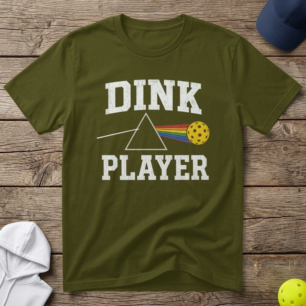 Olive green t-shirt with "DINK PLAYER" and a pickleball prism.