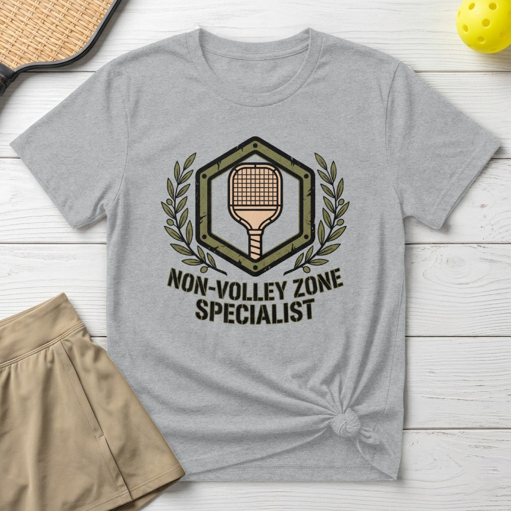 Gray t-shirt with "Non-Volley Zone Specialist" and pickleball graphic.