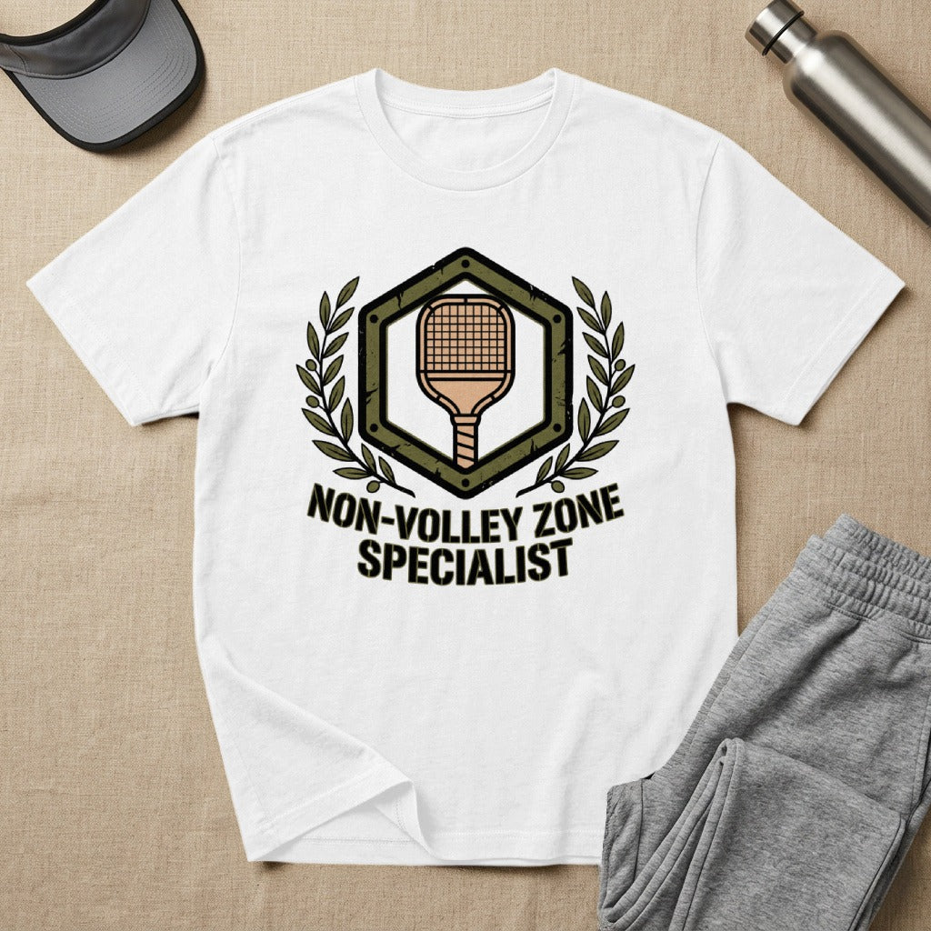 White t-shirt with "NON-VOLLEY ZONE SPECIALIST" text and a pickleball paddle emblem.