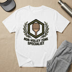 White t-shirt with "NON-VOLLEY ZONE SPECIALIST" text and a pickleball paddle emblem.