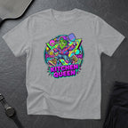 Graphic tee with cartoon pickleball player, "KITCHEN QUEEN" text, bright colors.