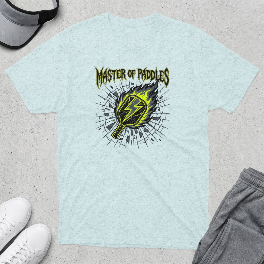 Master of Paddles t-shirt featuring a cracked pickleball paddle surrounded by flames.