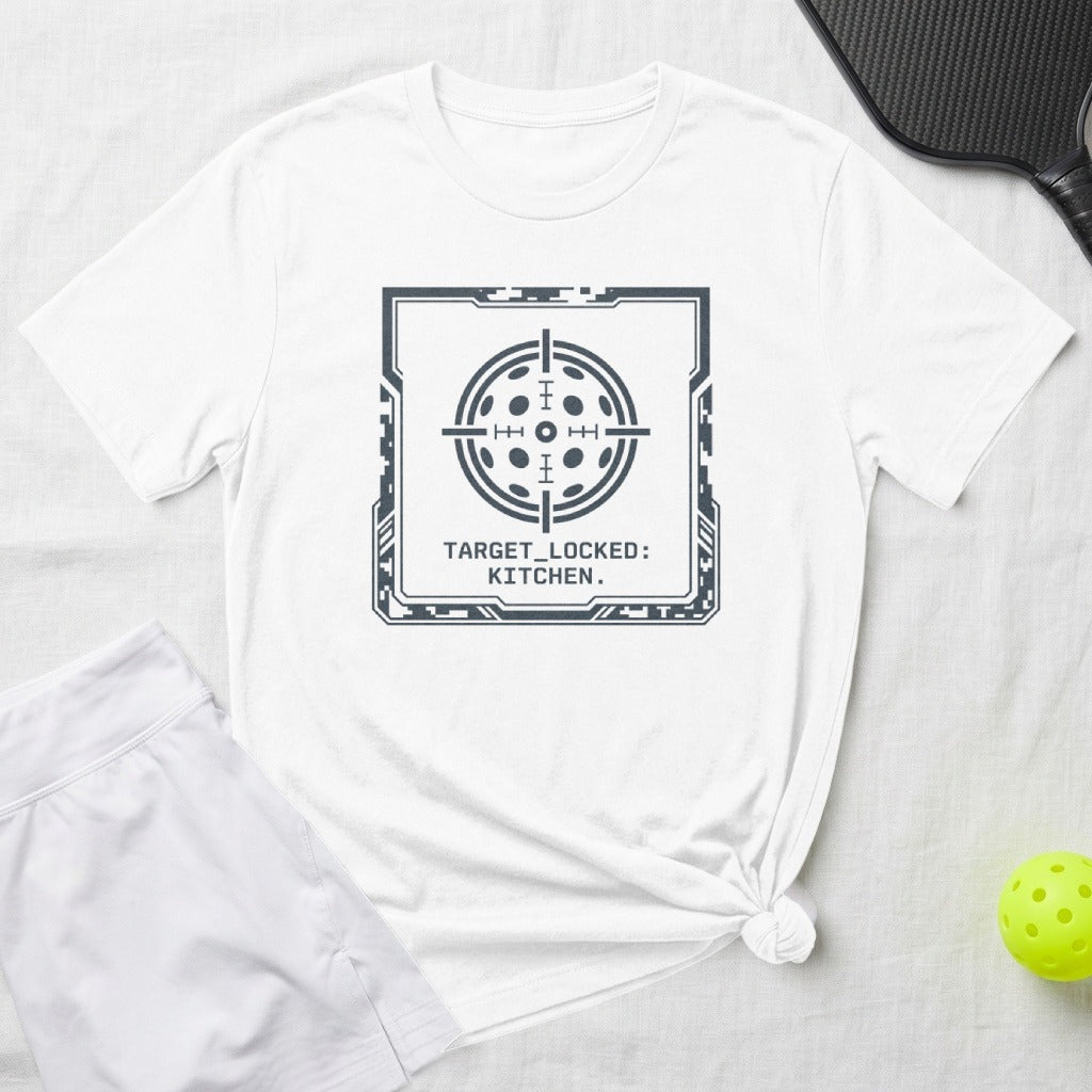 White t-shirt with "Target Locked: Kitchen" graphic in a stylized target reticle.