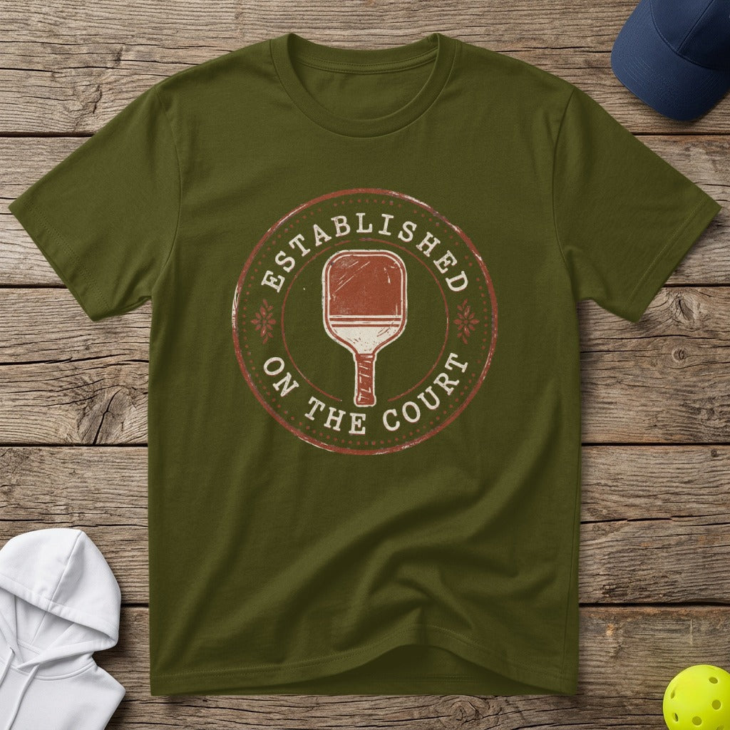 Green t-shirt with "Established on the Court" and pickleball paddle graphic.