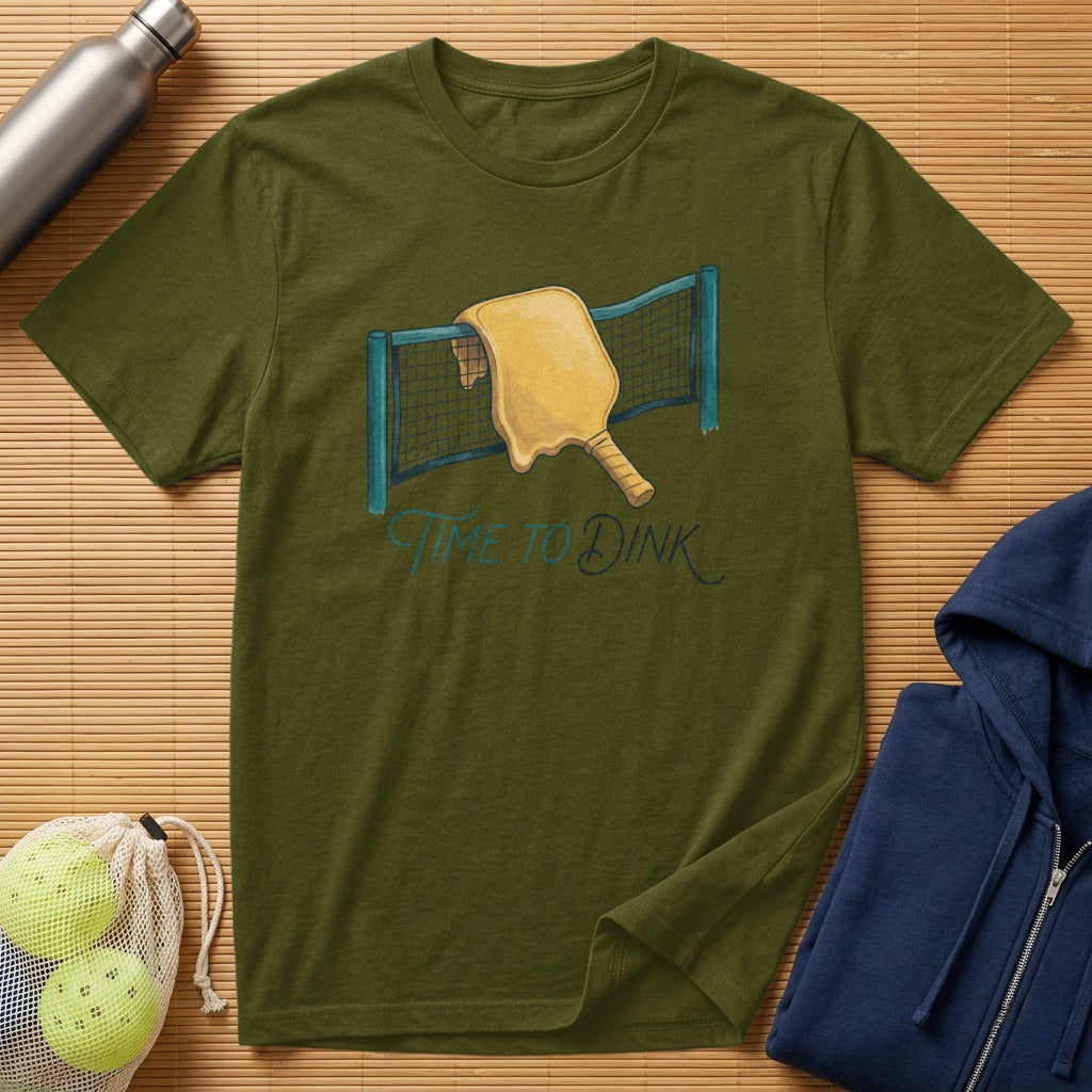 Green t-shirt with pickleball paddle and net graphic, "Time to Dink" text.
