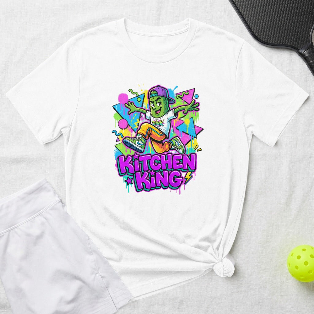 Cartoon character in colorful clothes on a white t-shirt with "KITCHEN KING" text.