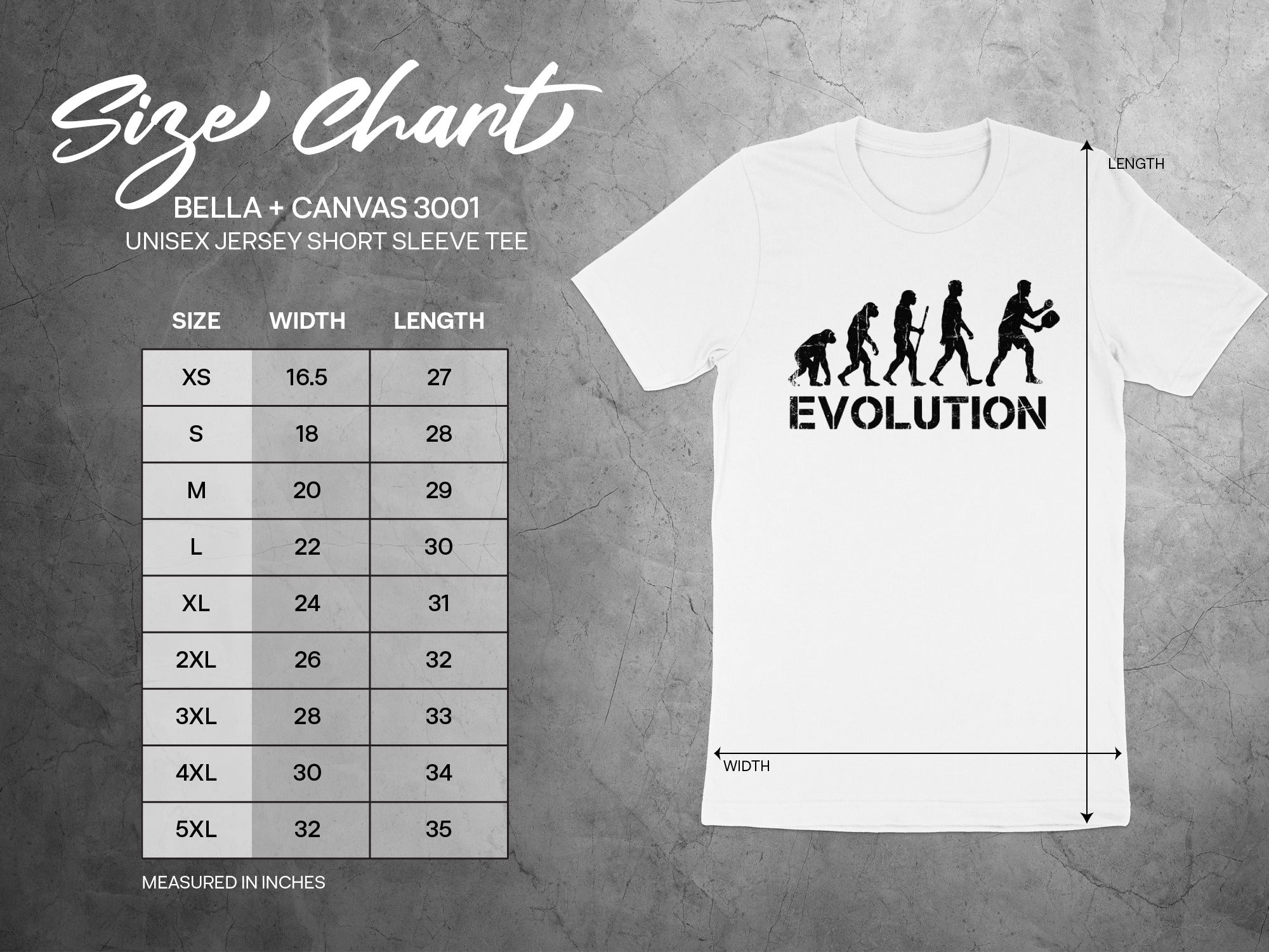 Size chart for Bella + Canvas 3001 unisex tee with measurements.