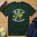 Dark green t-shirt with cartoon pickle playing pickleball, "Go Get Ice Cream" text.
