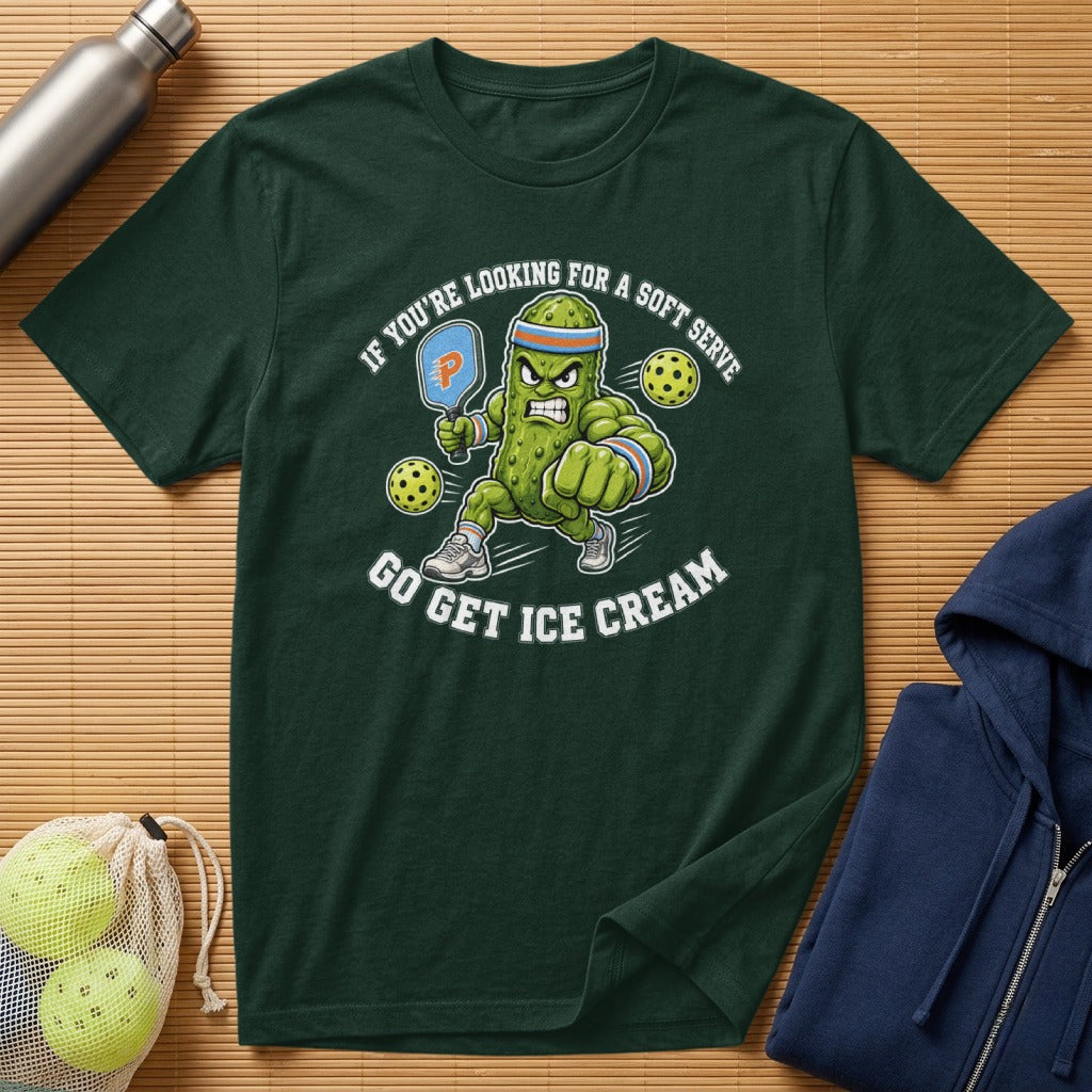 Dark green t-shirt with cartoon pickle playing pickleball, "Go Get Ice Cream" text.