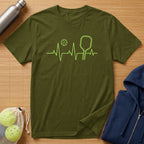 Green t-shirt with pickleball heartbeat graphic.