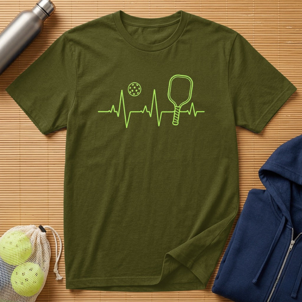 Green t-shirt with pickleball heartbeat graphic.