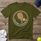 Olive green t-shirt with "Pickleball is Calling Me" graphic.