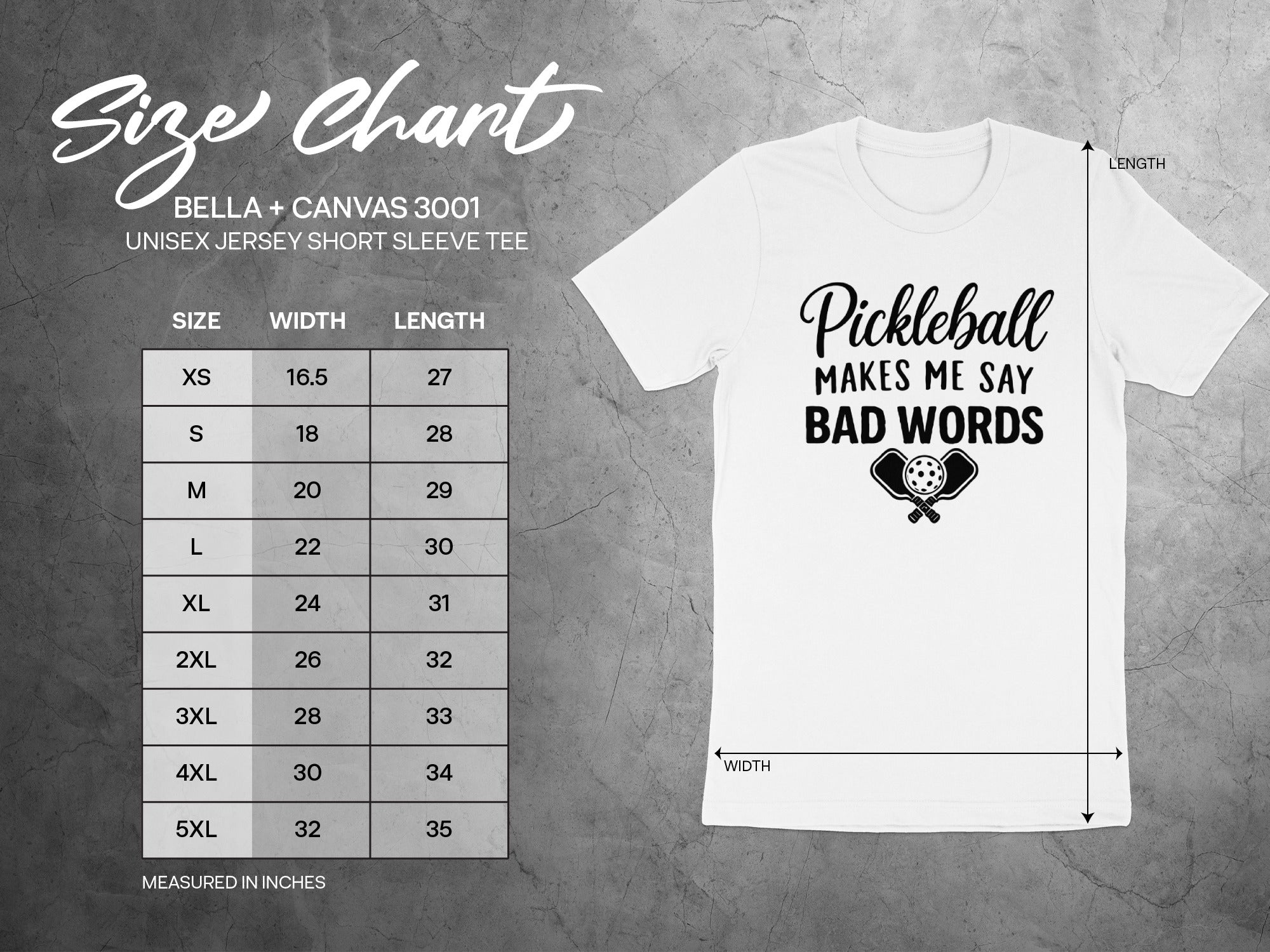 Unisex t-shirt size chart with Pickleball graphic and measurements.
