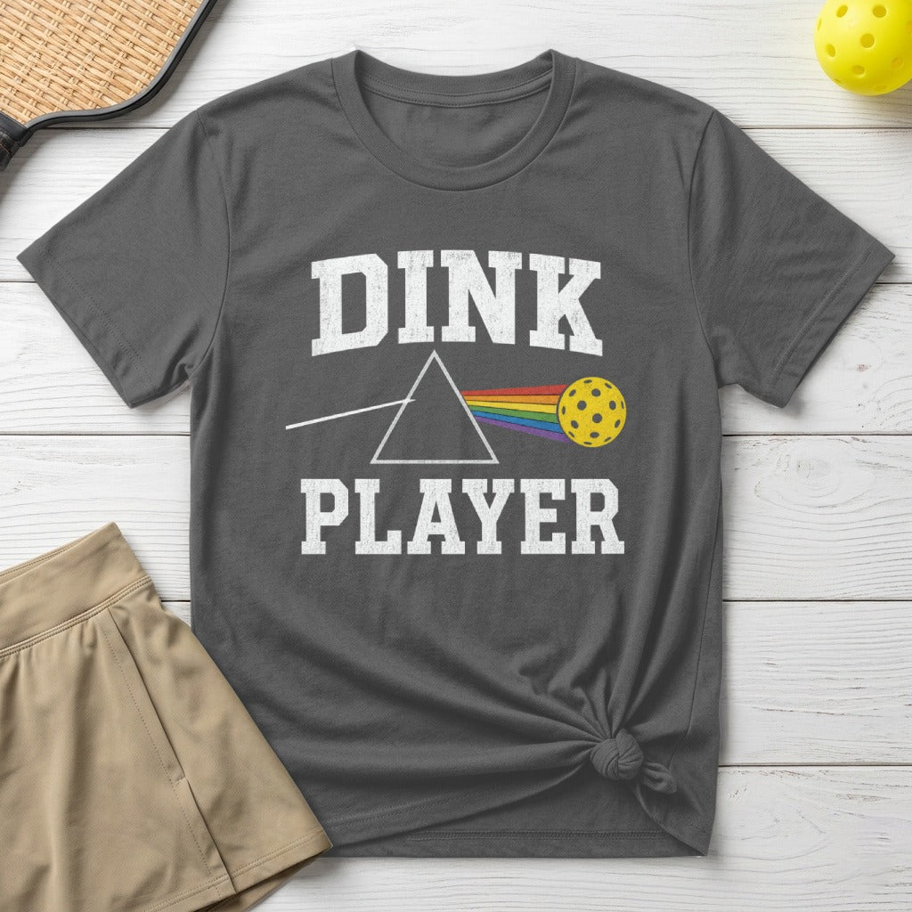 Gray t-shirt with "DINK PLAYER" text and prism-like graphic with rainbow.